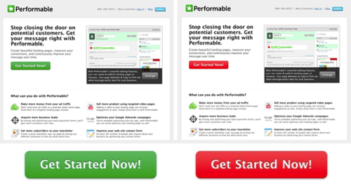 An example of a split test by Hubspot where the red button outperformed the green button by 21%