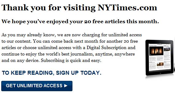 The Paywall used by the New York Times to sell digital subscriptions.